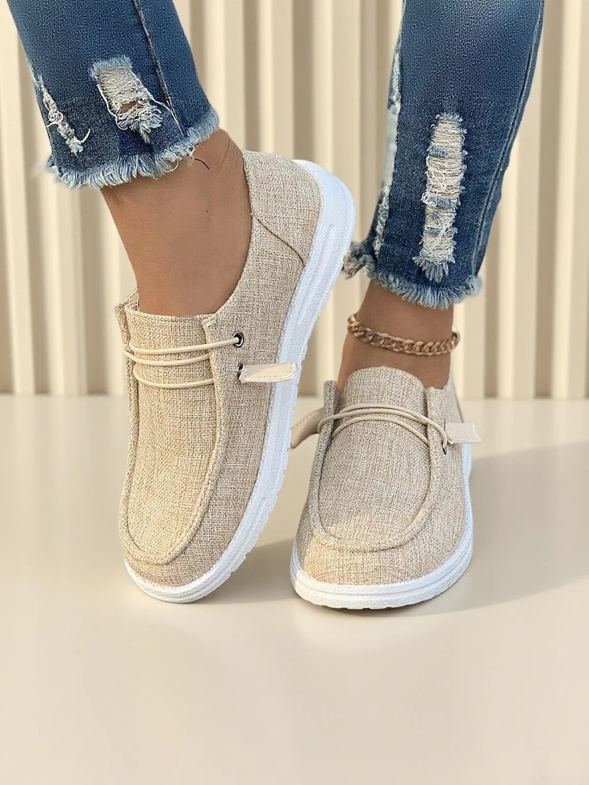 Women's Breathable Linen Loafers with Adjustable Strap & Ankle Chain - Casual Slip on
