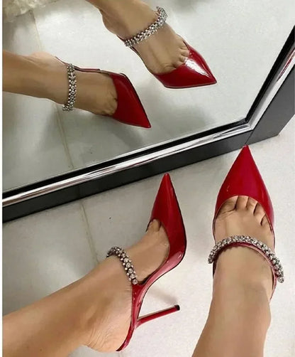 2025 New Fashionable Fine Heeled Muller Shoes with Pointed Water Diamond Chain Banquet