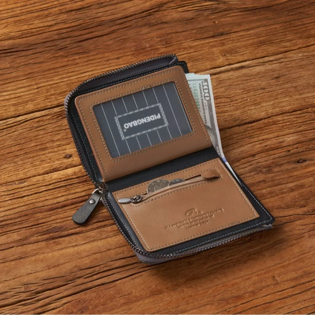 1pc Premium Retro Short Wallet Leather Zipper Durable Wallet