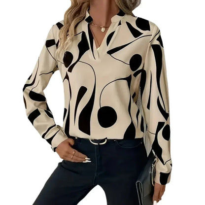 Plus Size Autumn New Women's Casual Graphic Print Notched Neck Blouse
