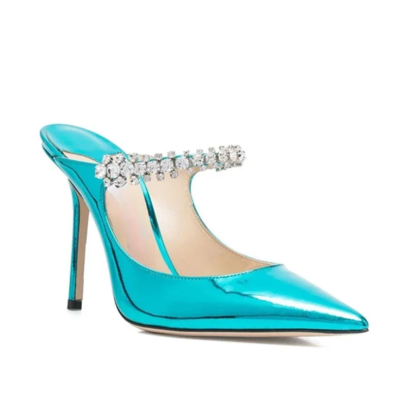 2025 New Fashionable Fine Heeled Muller Shoes with Pointed Water Diamond Chain Banquet