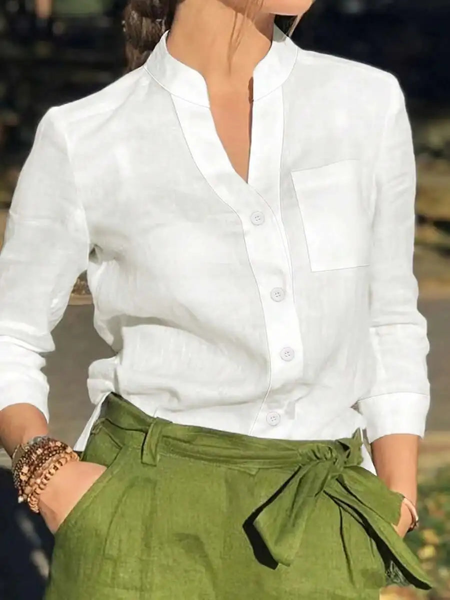 Women's White Linen Blend Button-Up Blouse with V-Neck and Chest Pocket