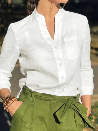 Women's White Linen Blend Button-Up Blouse with V-Neck and Chest Pocket