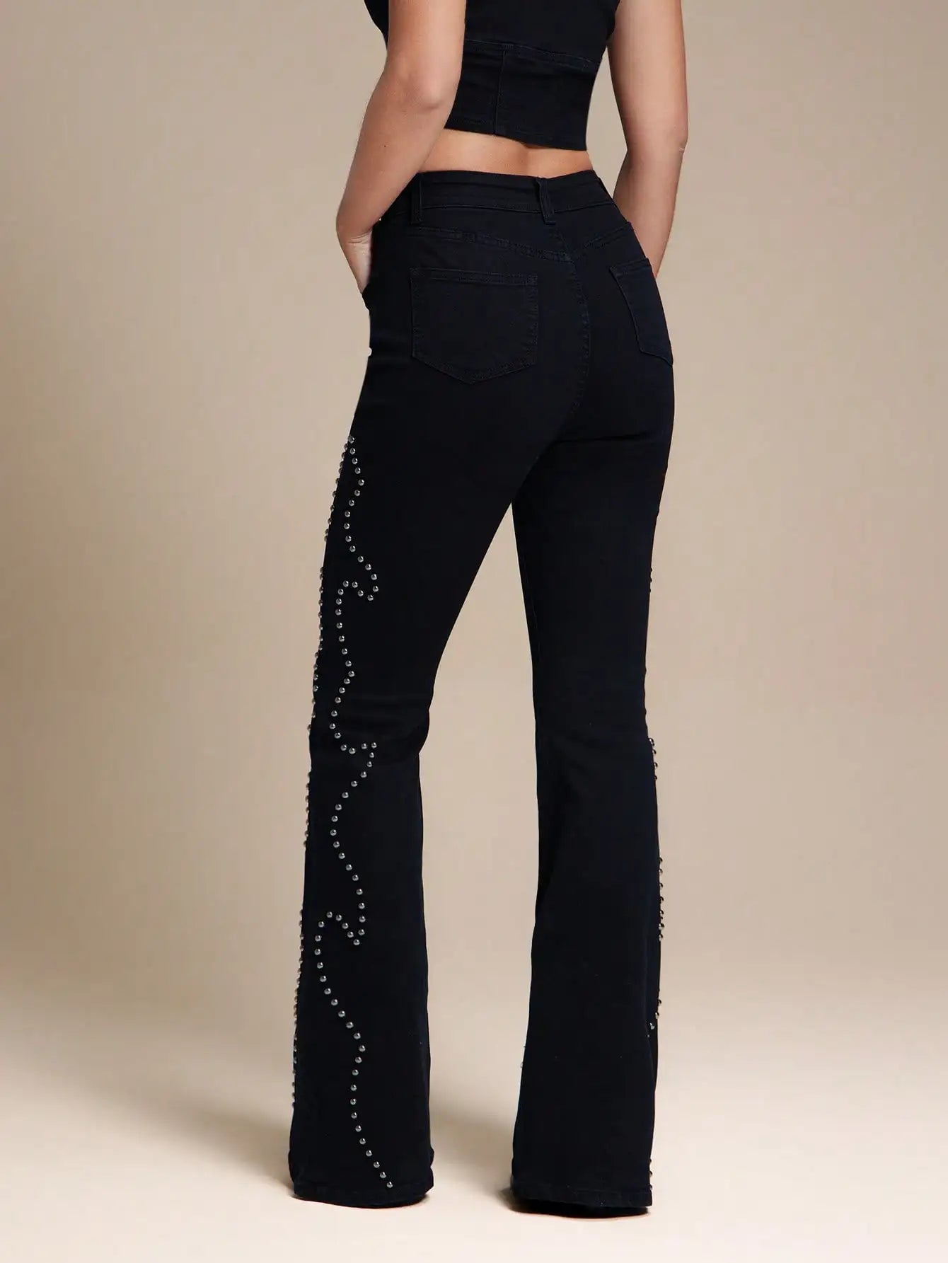 High Waist Western Studded Flared Denim Jeans