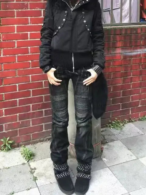 American Street Oversize Washed Retro Heavy Industry Motorcycle Jeans