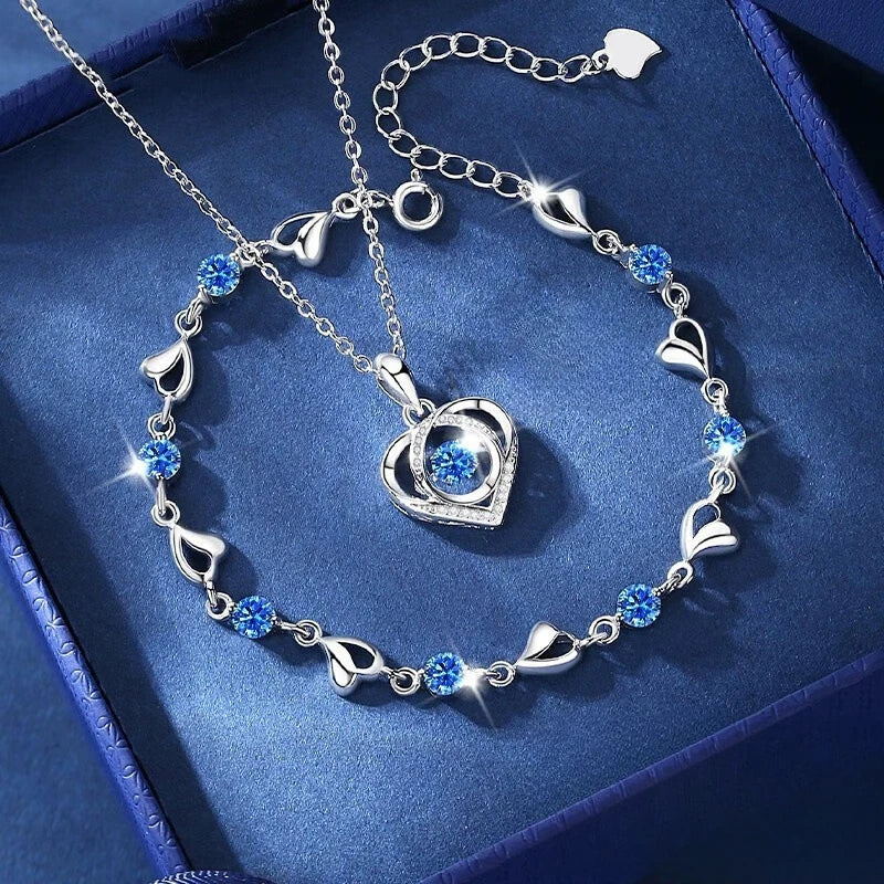 925 Sterling Silver Heart Shaped Necklace Bracelet Set Blue Crystal Bracelets