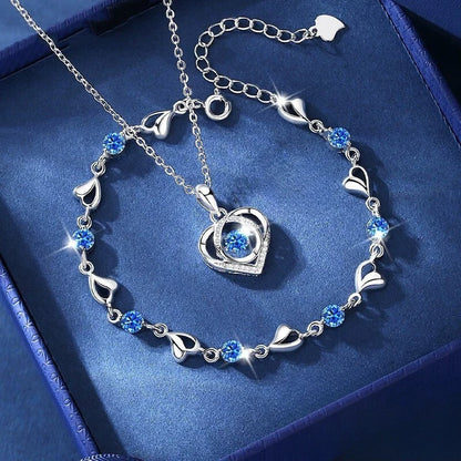 925 Sterling Silver Heart Shaped Necklace Bracelet Set Blue Crystal Bracelets