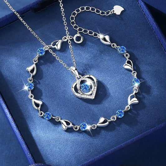 925 Sterling Silver Heart Shaped Necklace Bracelet Set Blue Crystal Bracelets