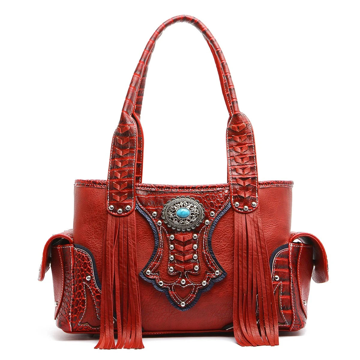 Western Style Cowgirl Woven Fringe Crocodile Gorgeous Purse Conchos Women Handbag Shoulder Bags Wallet Set