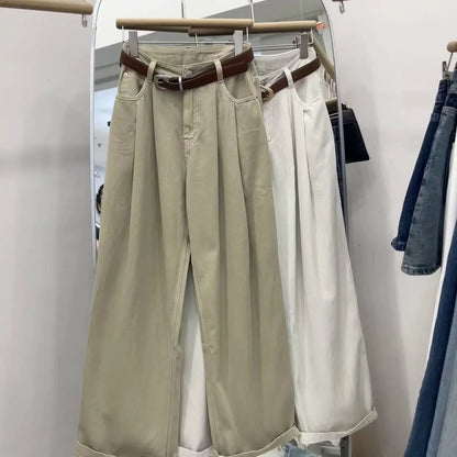 Khaki Color Women's High Waist Straight Leg Jeans Pear Shape Body Slimming Harlan Wide Leg Pant