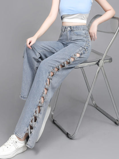 Hollow Wide Leg Jeans Casual Design Slimming High Waist