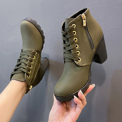 Women's Winter Warm Ankle Boots: Thick Sole & High Heel - Black PU Leather, Side Zipper with Lace-Up Detail,