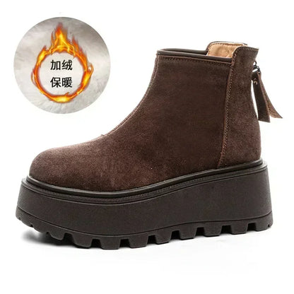 Fujin 7cm Suede Leather Snow Boots Non Slip Chelsea Boots Chunky Heel