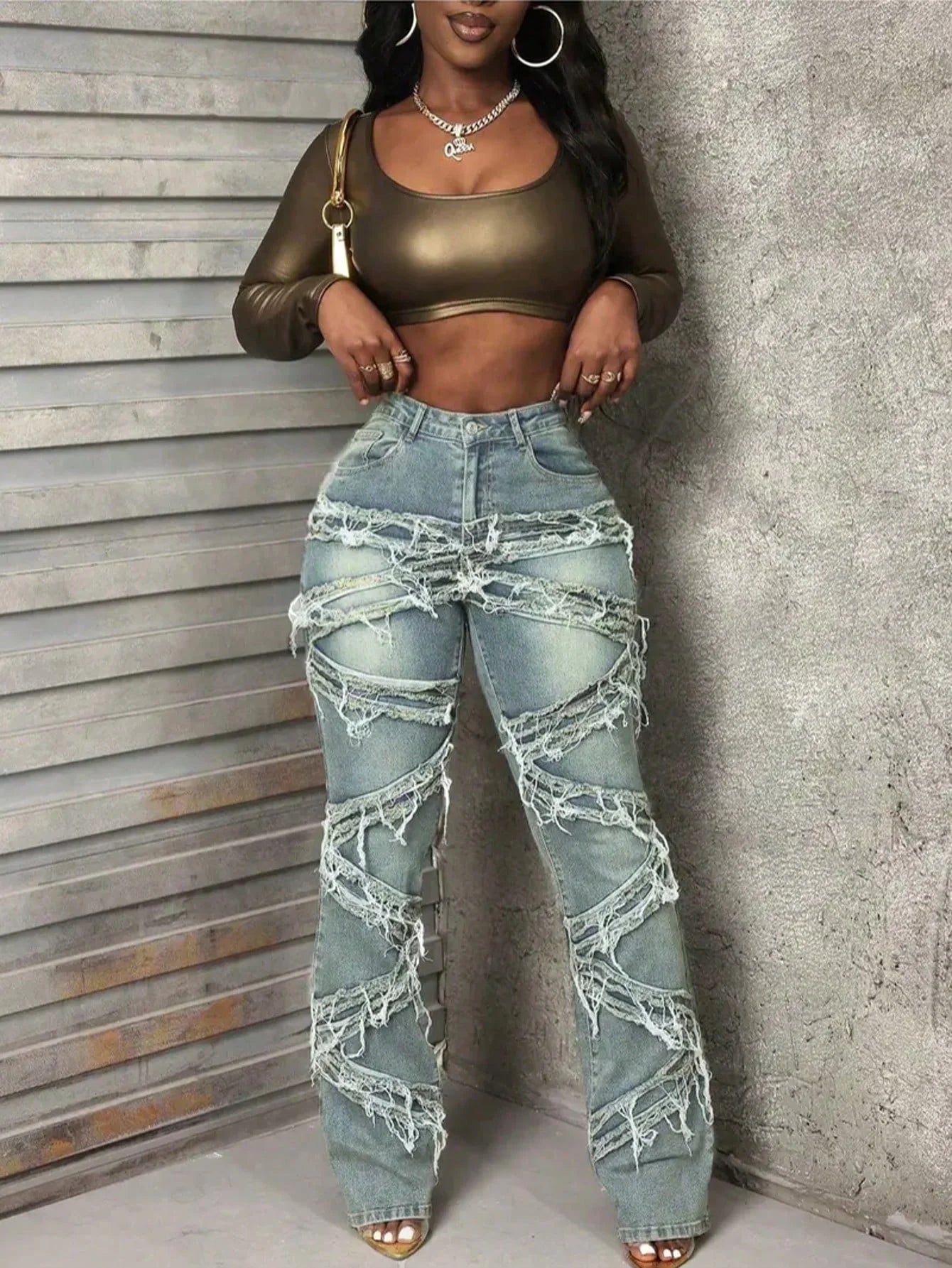 Fringed Distressed Flare Jeans - High Stretch Unique Tassel Design