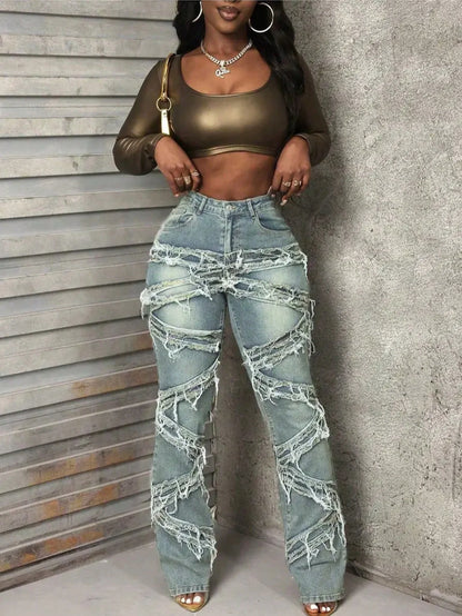 Fringed Distressed Flare Jeans - High Stretch Unique Tassel Design