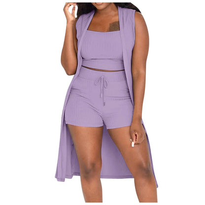 Solid Color 3 Piece Pants Set Casual Stretchy Ribbed Sleeveless Coat Vest And Shorts Suits