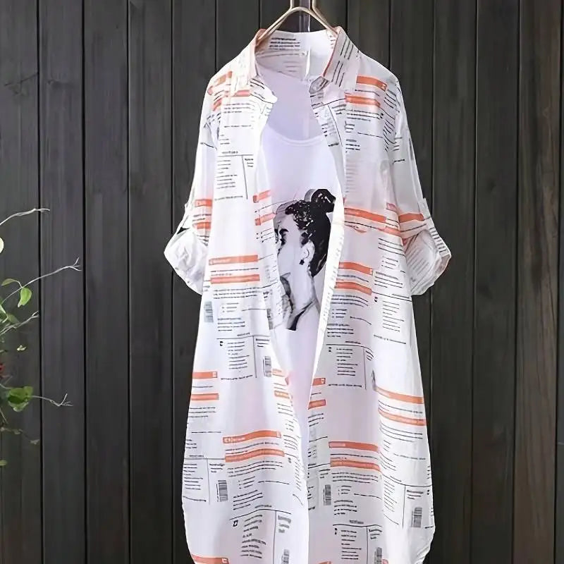 Plus Size Letter Print Shirt Oversized Casual Long Sleeve Top