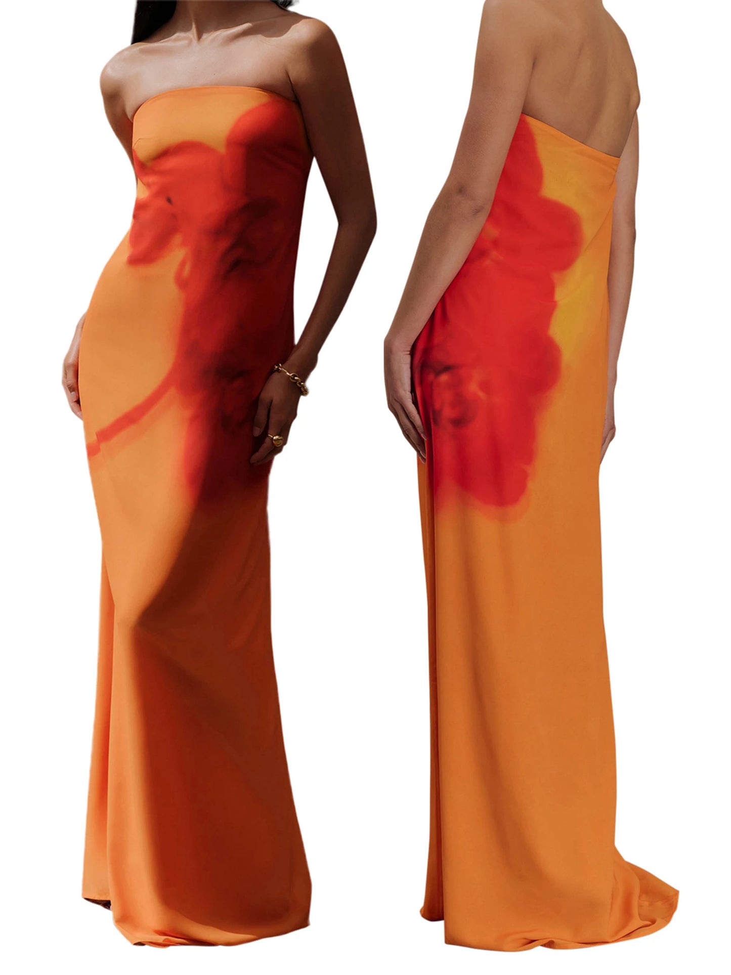 Women Long Dress Floral Print Tube Backless Casual Strapless Dress