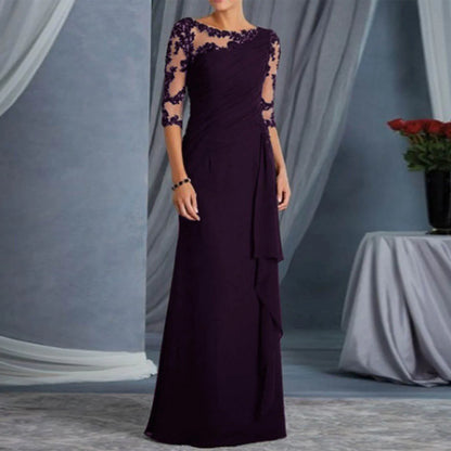 Women Elegant Lace Long Dress Sexy See Through Round Neck Mid Sleeve Dress Solid Color