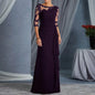 Women Elegant Lace Long Dress Sexy See Through Round Neck Mid Sleeve Dress Solid Color