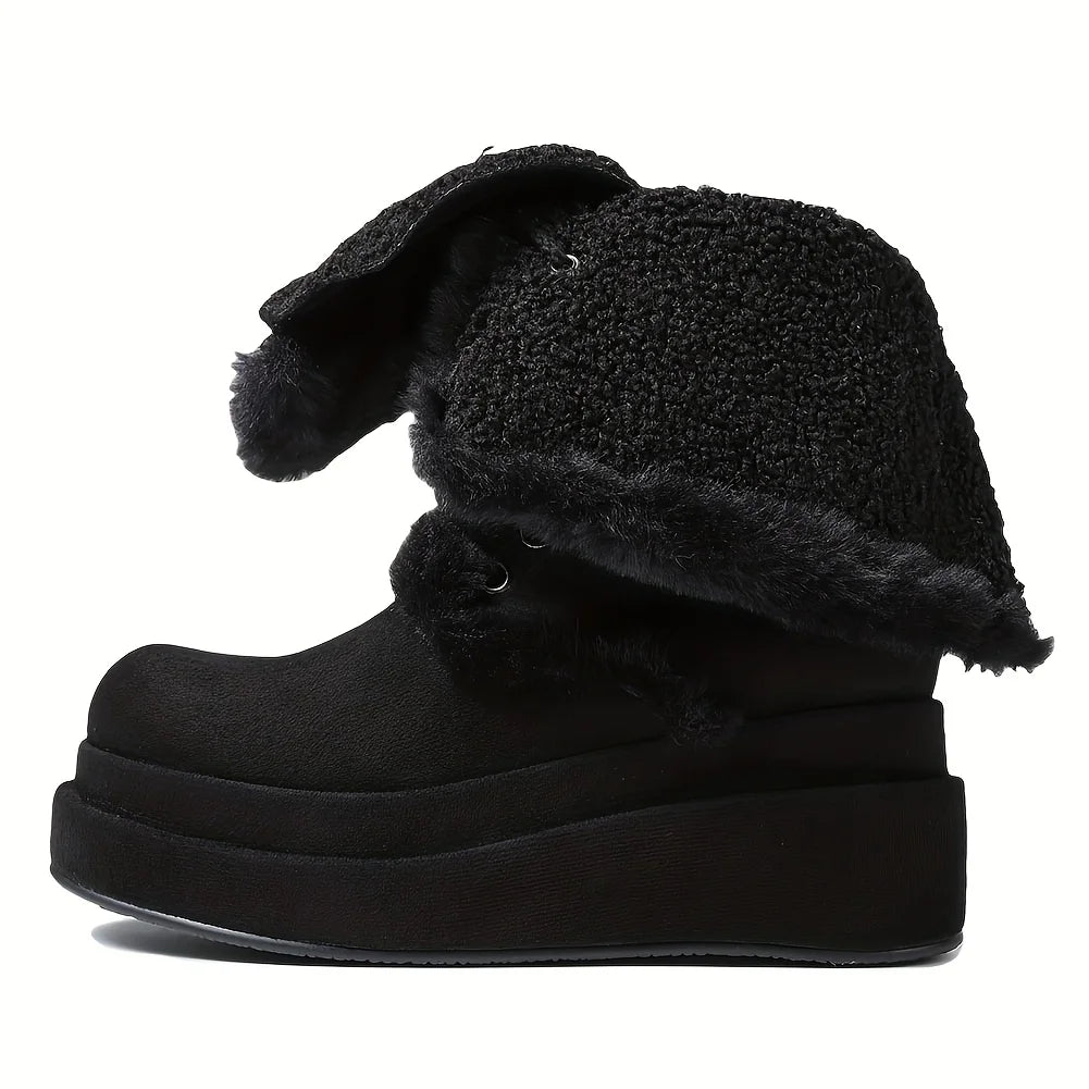 Winter Warm Faux Fur Mid Calf Snow Boots Platform Wedges High Heels Side Zipper Lace-up Boots for Women
