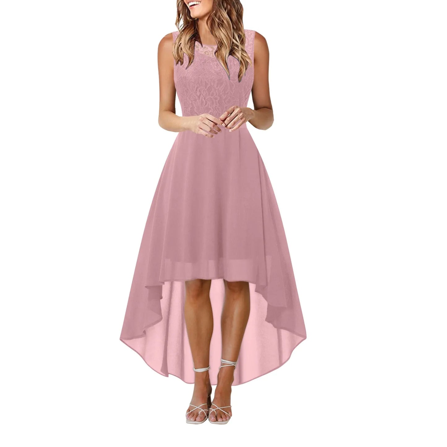 Bow Belt Elegant Irregular Length Women's Elegant Dress Sleeveless Chiffon
