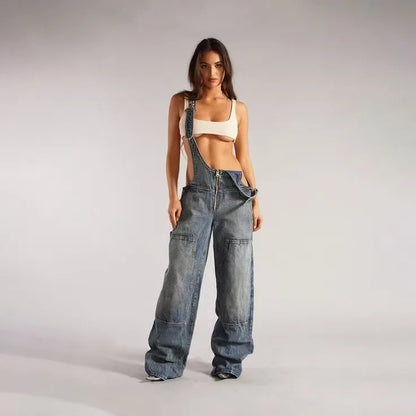 Low Waist shoulder Strap Wide Leg Jeans Low Rise Cargo Trousers with Straps