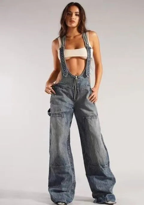 Low Waist shoulder Strap Wide Leg Jeans Low Rise Cargo Trousers with Straps