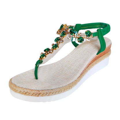 Womens Sandals Bohemian Rhinestone Wedge Heel Thick Sole Comfortable Sandals