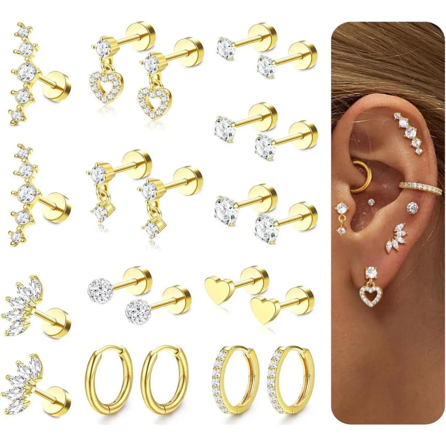 11 Pairs Flat Back Earrings for Women-20G Surgical Stainless Steel Stud and Hoop Earring