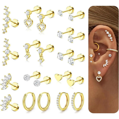 11 Pairs Flat Back Earrings for Women-20G Surgical Stainless Steel Stud and Hoop Earring
