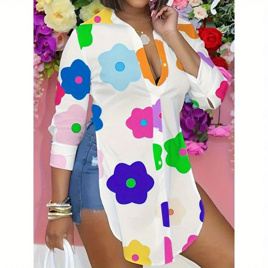 Women's Large Size Colorful Flower Printed Long Sleeve shirt