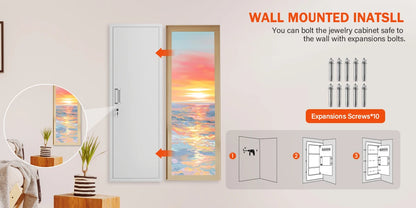 Mirror Jewelry Cabinet, 47.24" Tall Wall Mounted Jewelry Cabinet with Mirror and Light, Large Jewelry Armoire Organizer