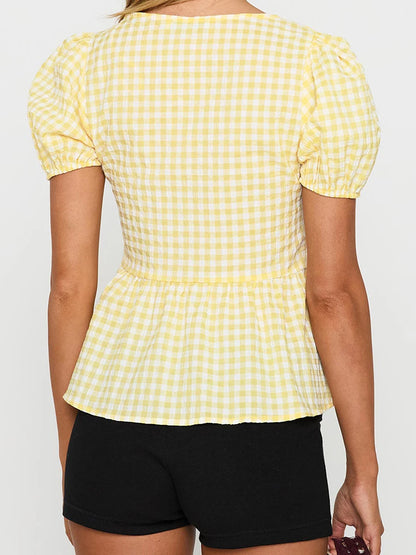 Women s Plaid Print Tie-Front Blouse with Short Sleeves and V-Neckline