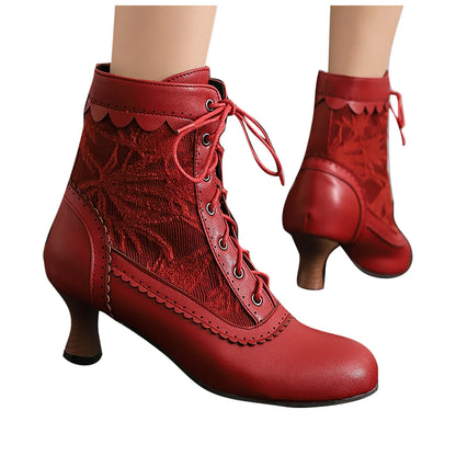 Women's Fashionable Classic Low Heel Ankle Boots Wicker Wedges Lace Color Blocked