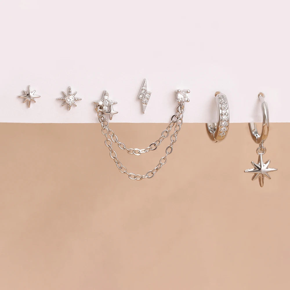 6PCS Fashion Cute Zircon Flower Ear Stud 18K Gold Plated Star Ear Stud Earrings