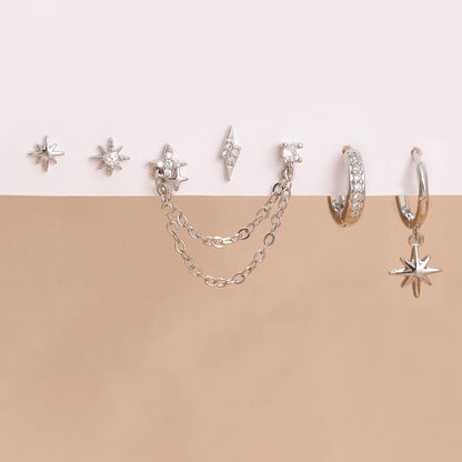 6PCS Fashion Cute Zircon Flower Ear Stud 18K Gold Plated Star Ear Stud Earrings