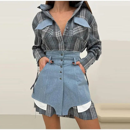 Lapel Color Blocked Shirt Waist Cinching Irregular Hem Short Skirt Set Woman Loose Long Plaid Shirt Patchwork Women Denim Suits
