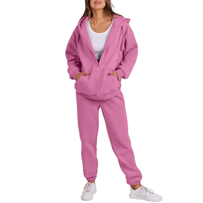 Women Long Sleeve Solid Color Hooded Sweatshirt and Pant