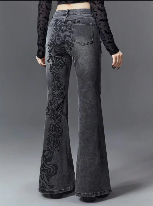 Retro Printed Bell Bottoms Street Mounted Navel Slim Jeans