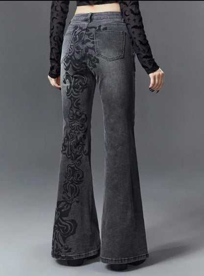 Retro Printed Bell Bottoms Street Mounted Navel Slim Jeans