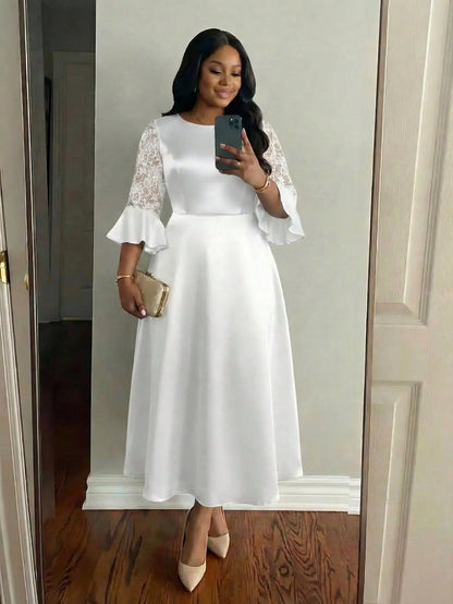Plus Size Jacquard Floral Dress with Flared Sleeves & Waist Belt