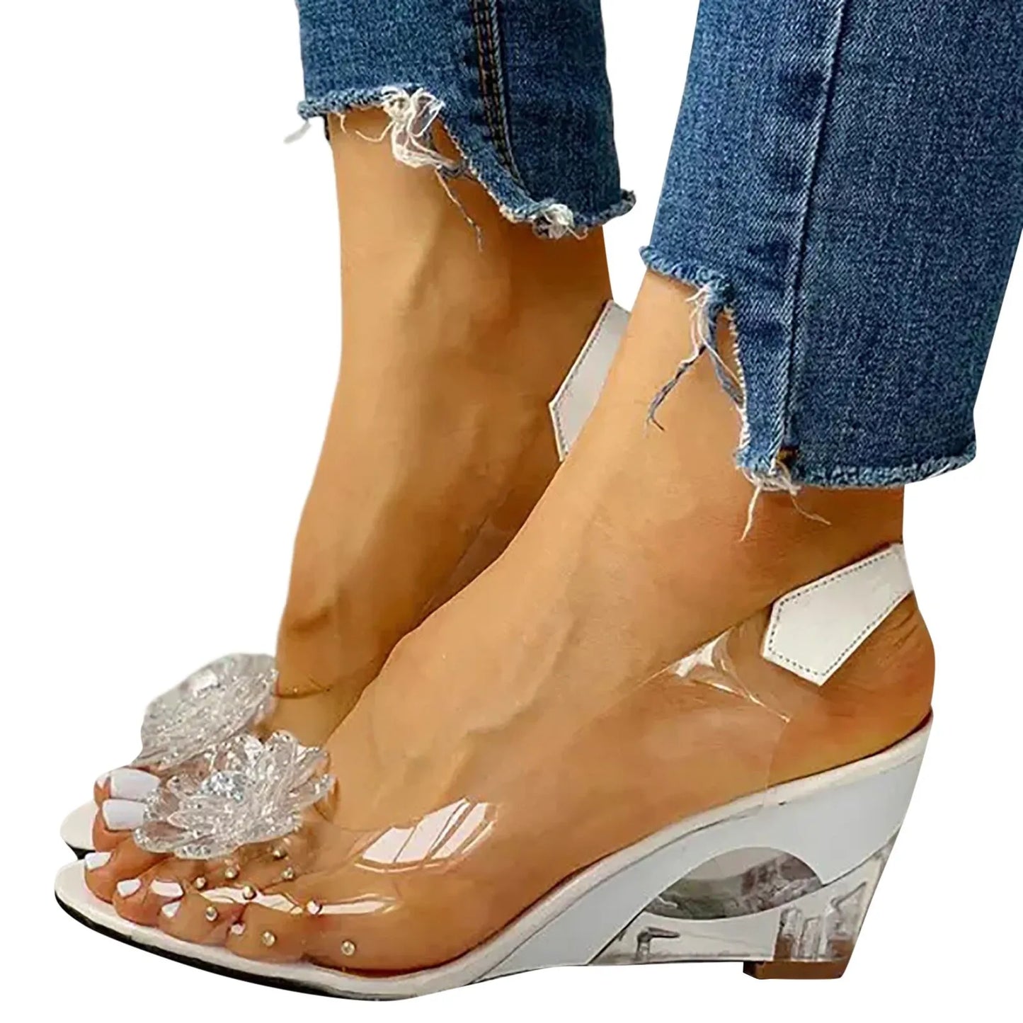Female Shoes Leisure Transparent Crystal Diamond Slope Heel Sandals