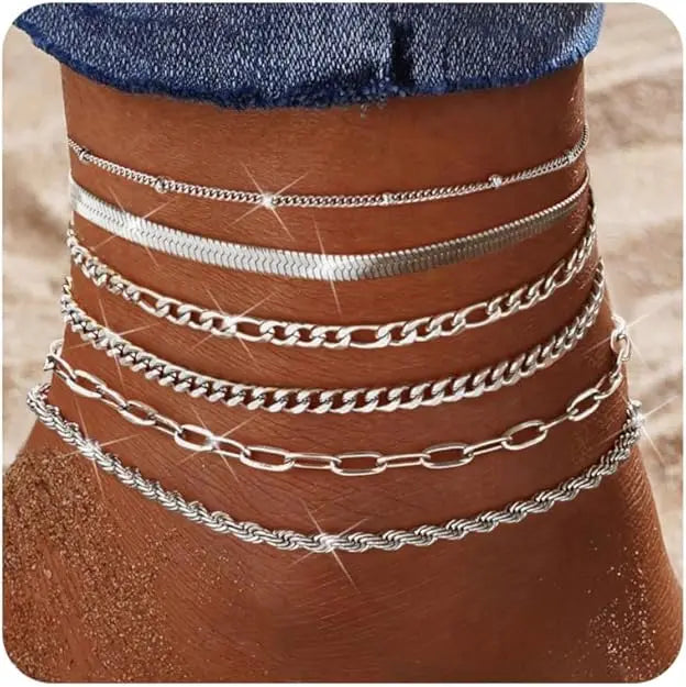 6PCS Ankle Bracelets for Women 14K Gold-plated  Anklets Stainless Steel