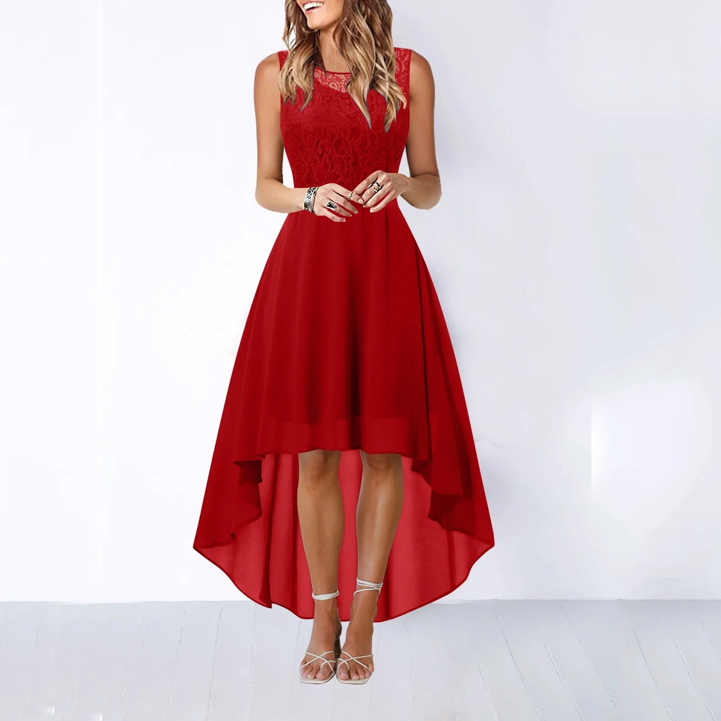 Bow Belt Elegant Irregular Length Women's Elegant Dress Sleeveless Chiffon