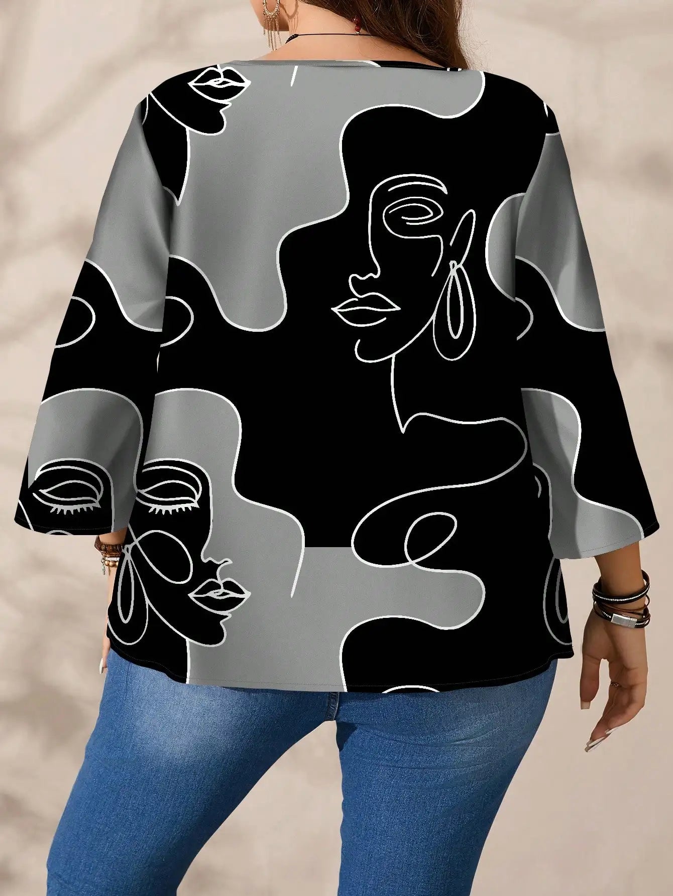 Loose Fit Round Neck 3/4 Sleeve Blouse with Abstract Face Print for Women