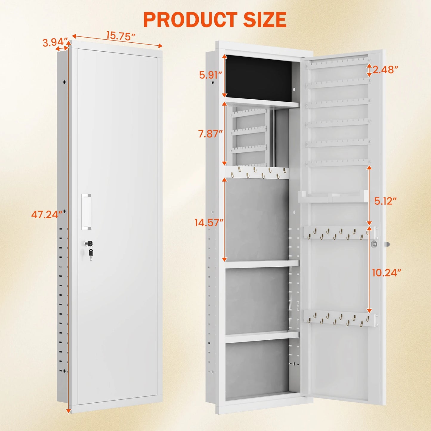 Mirror Jewelry Cabinet, 47.24" Tall Wall Mounted Jewelry Cabinet with Mirror and Light, Large Jewelry Armoire Organizer