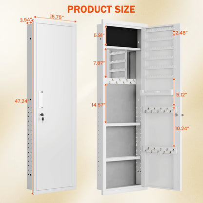 Mirror Jewelry Cabinet, 47.24" Tall Wall Mounted Jewelry Cabinet with Mirror and Light, Large Jewelry Armoire Organizer