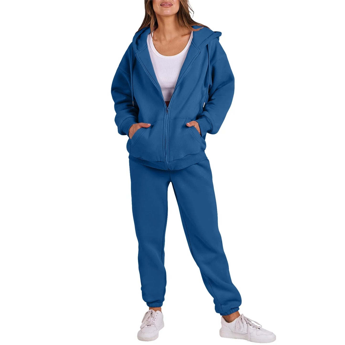 Women Long Sleeve Solid Color Hooded Sweatshirt and Pant