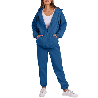 Women Long Sleeve Solid Color Hooded Sweatshirt and Pant